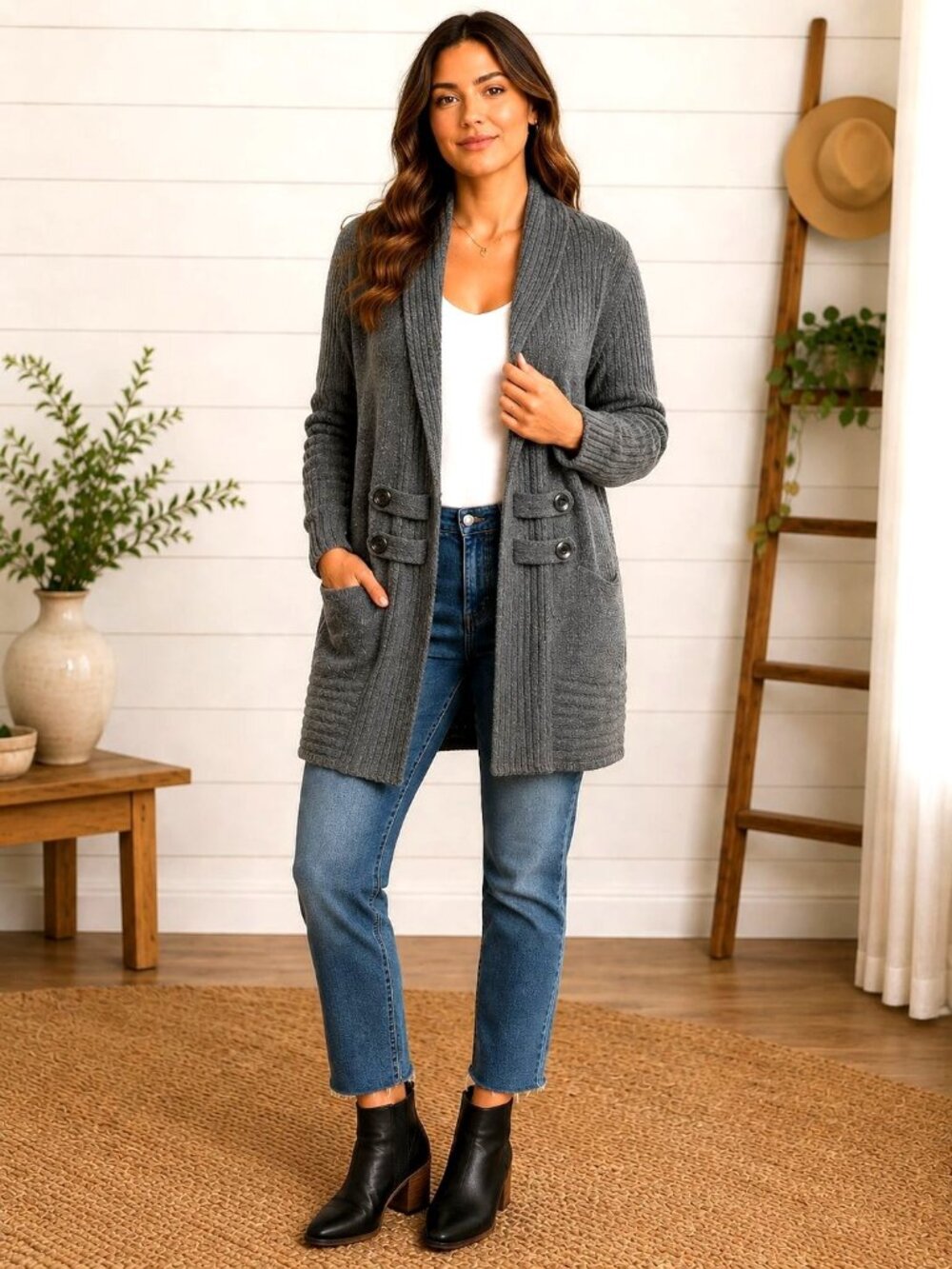 AB Studio Sweater Cardigan New with Tags Medium Charcoal Gray Fall Minimal